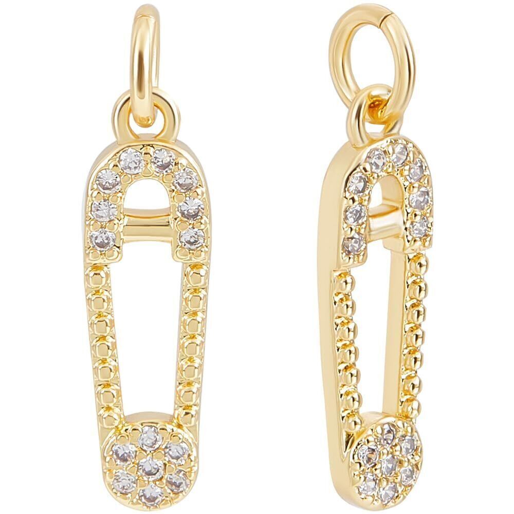 9956 1 Box 14Pcs Safety Pin Charms 18K Gold Plated Brass Cubic Zirconia